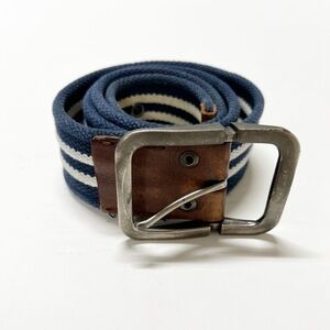 Timberland Mens Vintage White Navy Striped Canvas Grommet Detail Leather Belt